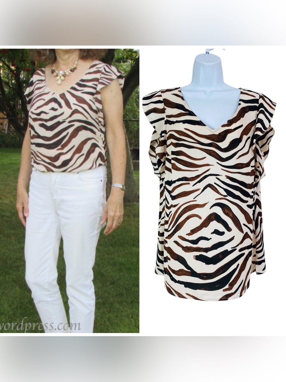 CAbi Simone Zebra Flutter Sleeve Blouse Size M